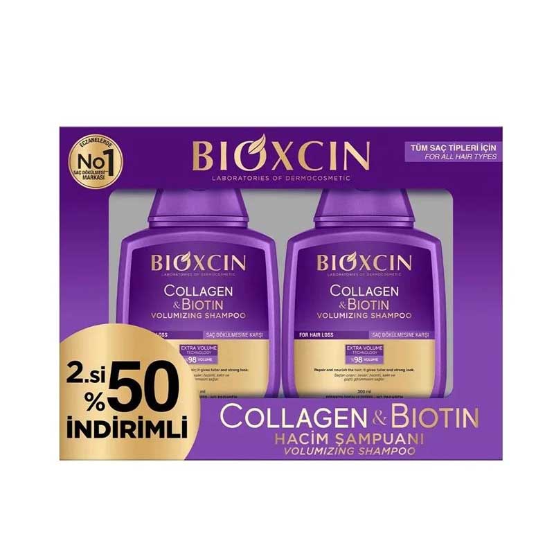 بیوتین-کاتژن شامپو ضد ریزش و حجم دهنده بیوکسین Bioxcin مدل Collagen & Biotin بسته 2 عددی - تصویر 1